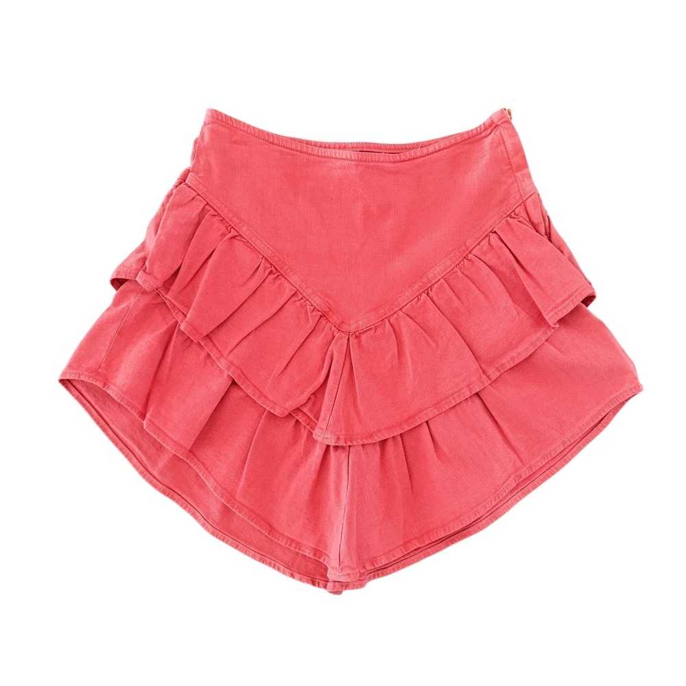 Mother The Ruffle Mini Skirt Size 27 (4) Hot Coral Denim Boho Coastal Cowgirl - Picture 2 of 13